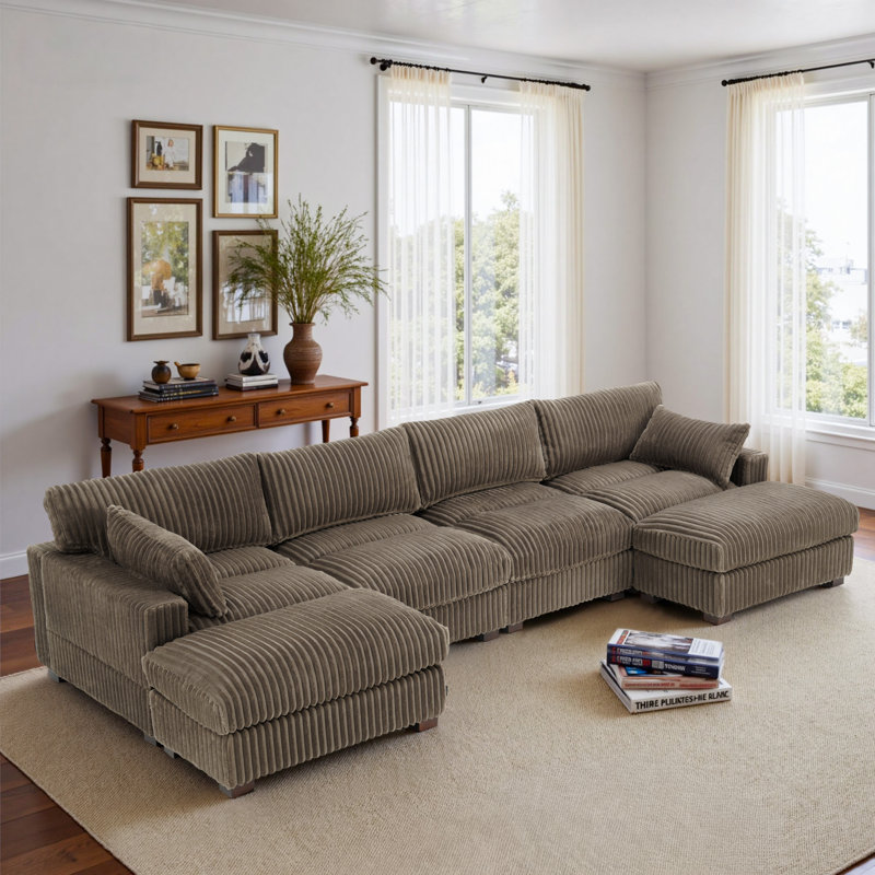 6 - Piece Upholstered Light Brown Faux Rabbit Fur Flannel Reversible Modular Sofa Living Room Sectional Couch with Ottoman