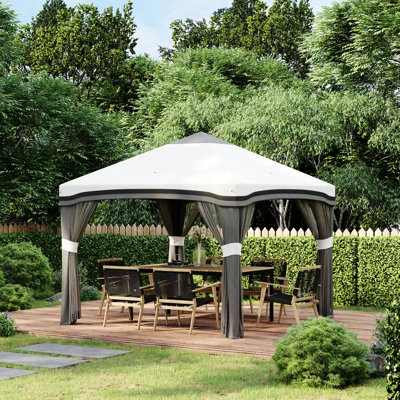 Pavillon de jardin escamotable extérieur 10 'X avec filet, hauteur réglable. Livré avec un sac de transport à roulettes et 4 sacs de sable. Gris. Idéal pour les circuits de rafting et comprend diverses activités