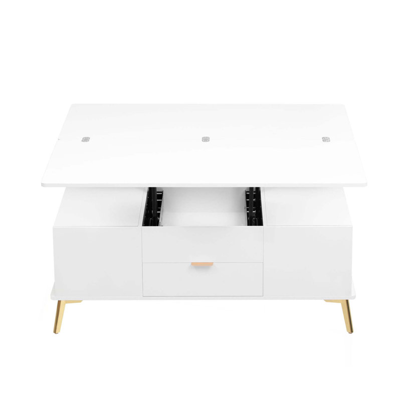 Table basse à plateau relevable moderne avec tiroirs Modern, Blanc / Doré