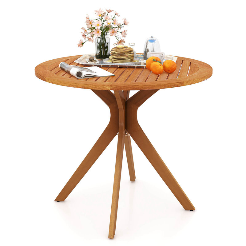 35.5 Inch Patio Wood Dining Table With Slatted Tabletop & Curved Legs For Backyard