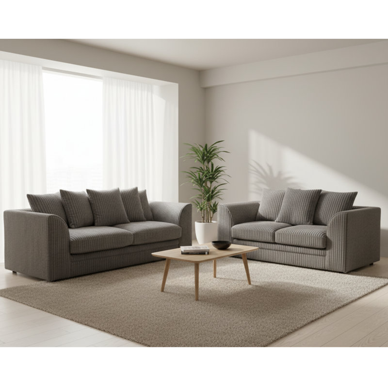 Duvert Two Piece Chenille Sofa Set – Fixed Back Cushions, Non-Slip Seating, Grey