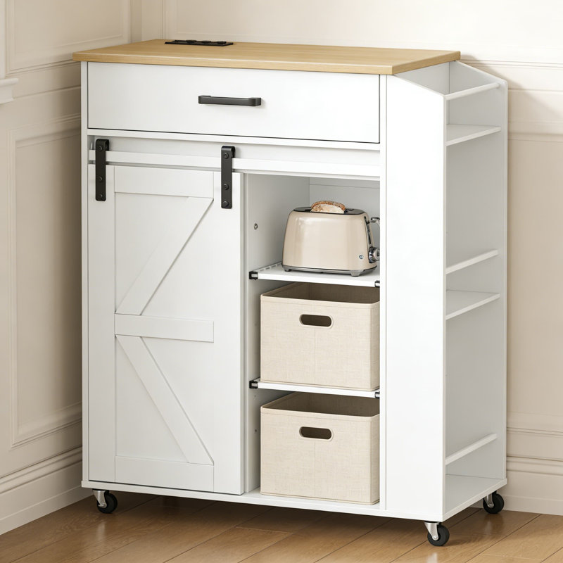 Mobile Kitchen Island Cart With Power Outlet, Sliding Barn Doors, Drawer And Spice Rack - Rolling Storage Table With Locking Wheels For Home Kitchen And Dining Room