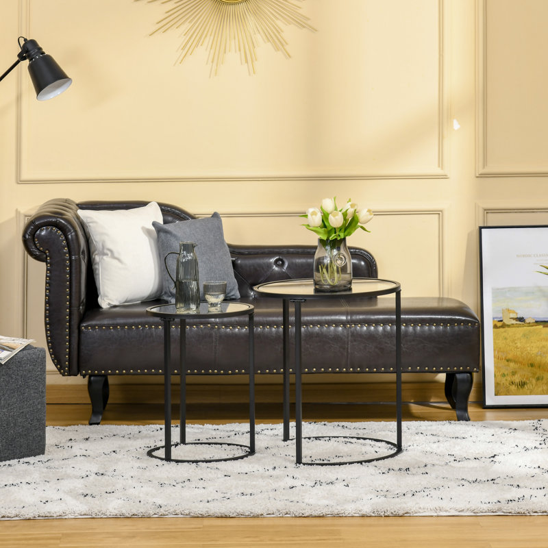 Ensemble de 2 tables basses gigognes avec base en métal, table d'appoint ronde avec plateau en verre trempé pour salon, chambre à coucher, Rod mun Ebern Designs, noir