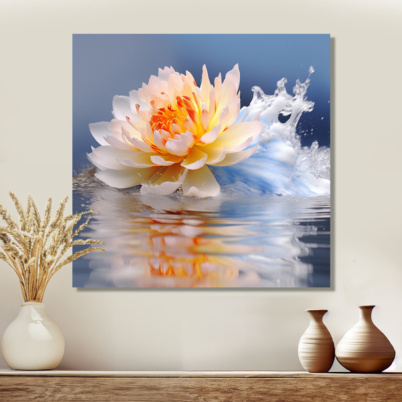 Fleur de lotus blanc flottant, reflet de l'eau - décoration murale Lotus, Toile tendue, H 16 po x l 16 po