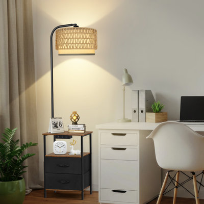 Lampe sur pied 63,19 "avec table et table de bout à double abat-jour en osier télécommandée