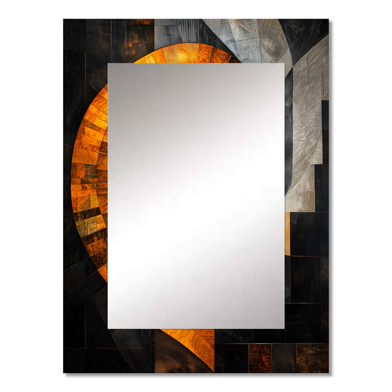 Vortex jaune jaune de Sophistication II - formes abstraites, miroir mural, miroir noir, impression sur métal, 32 po x 24 po