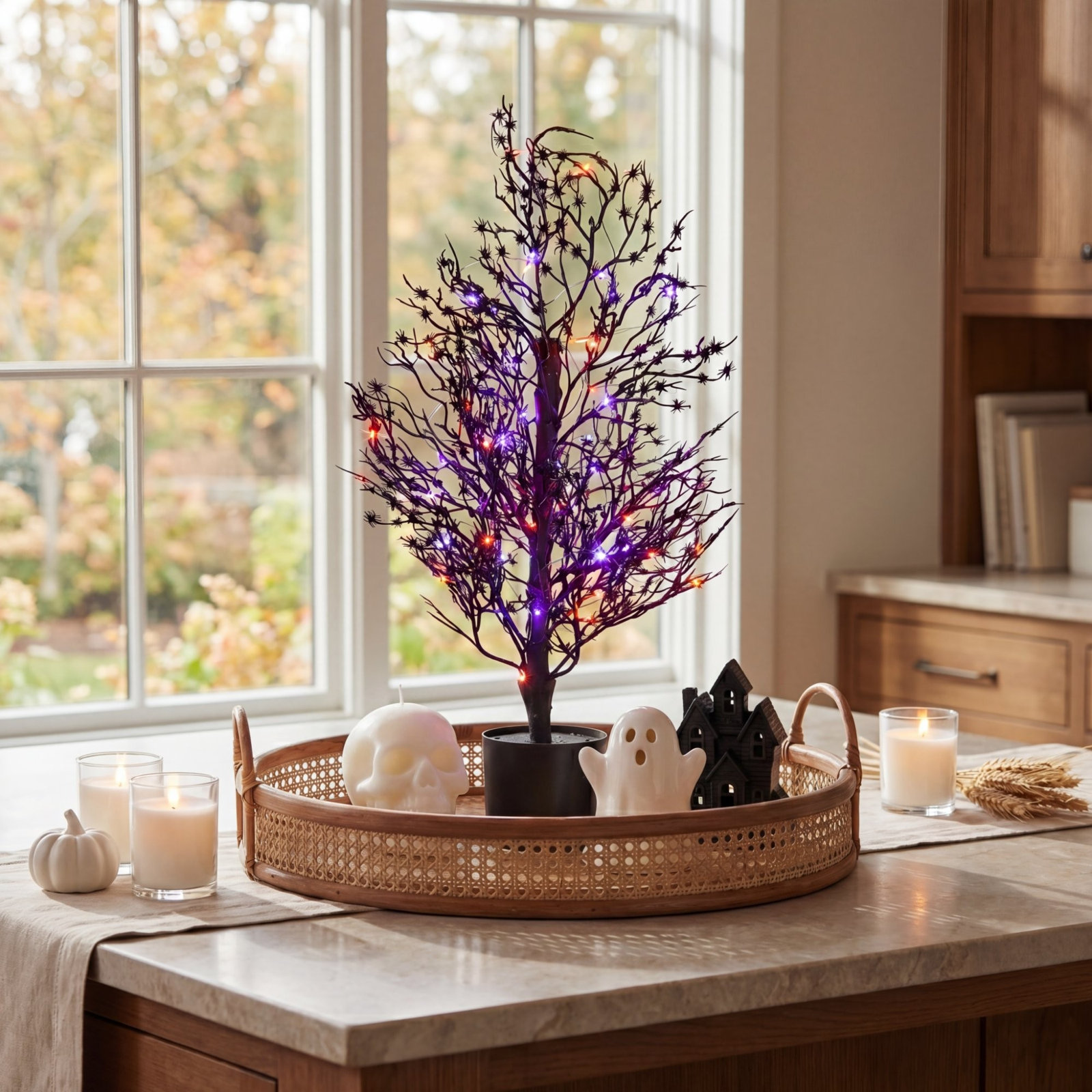 2ft. Pre-Lit Artificial Halloween Spider Twig Tree with 50 Orange & Purple LED Lights, 2ft