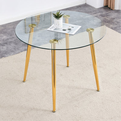 Table de salle à manger ronde avec plateau en verre, pieds en métal, vie exquise