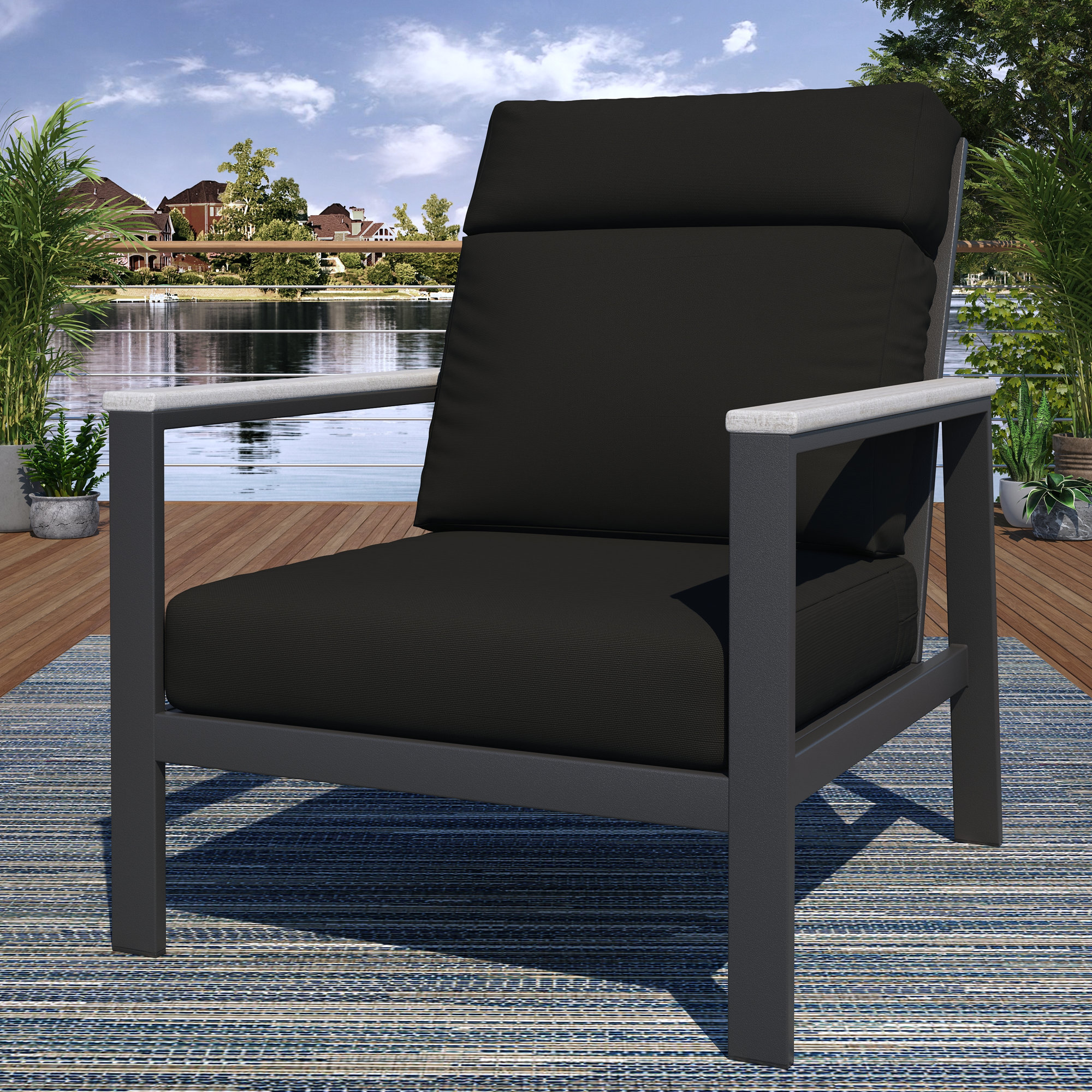 Townsend Metal Outdoor Lounge Club Chair With Sunbrella Cushion, White, Canvas Black