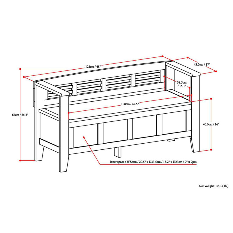 Black Solid Pine 48" Entryway Storage Bench with Backrest