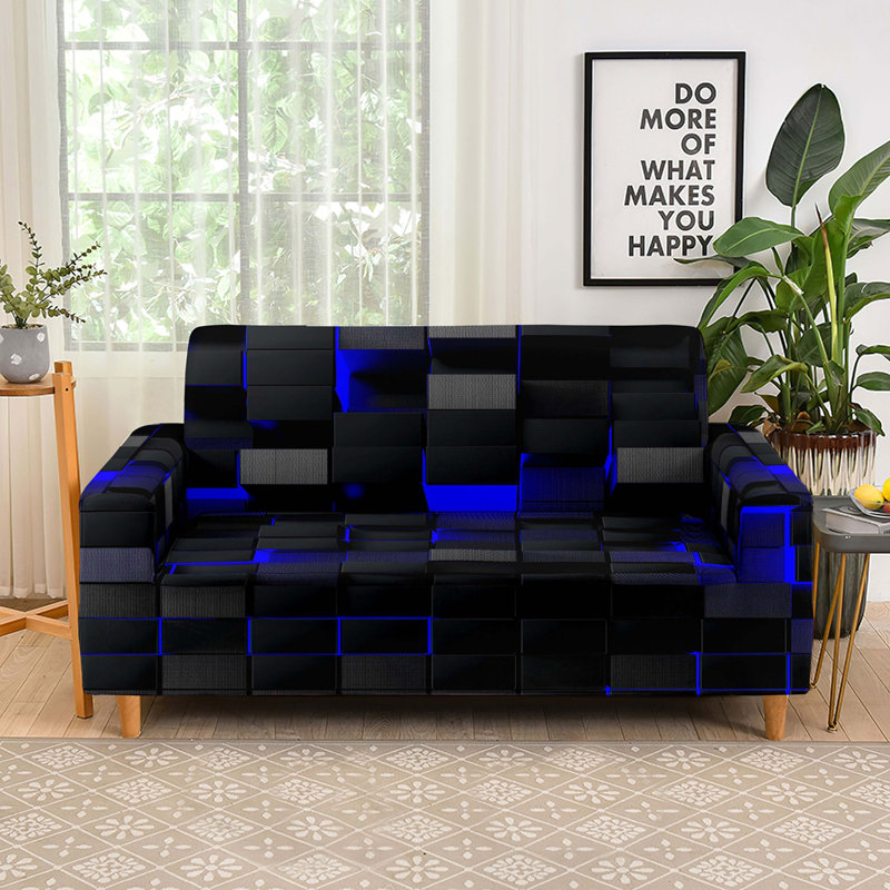 Housse pour canapé extensible 3D Modern Black / Blue, H 40 po x l 91 po x P 39 po, Carreauté bleu