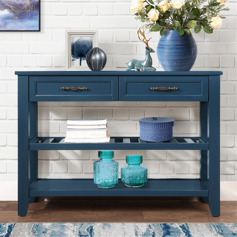 Console Sofa Table with 2 Storage Drawers and 2 Tiers Shelves, Mid-Century Style 42'' Solid Wood Buffet Sideboard, Navy Blue