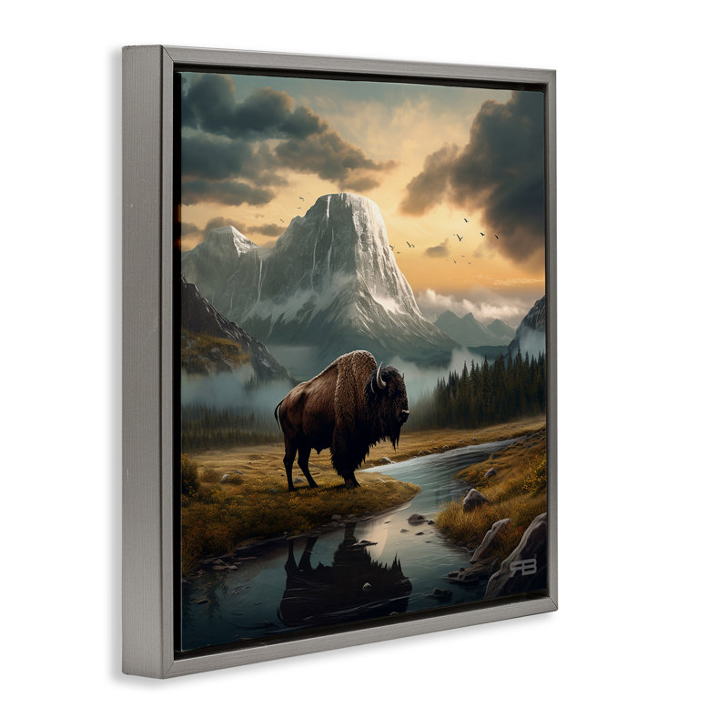 "Bison & Vast Mountains", art mural encadré par Roozbeh Bahramali, H 25 po x l 25 po, Cadre flottant gris lustré