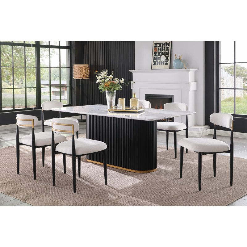 69" Dining Table Set for 6, Faux Marble Tabletop with Gold Trimmed Metal Wave Base & Chenille Upholstered Dining Chairs, Ideal for Kitchen, Reception & Conference Room