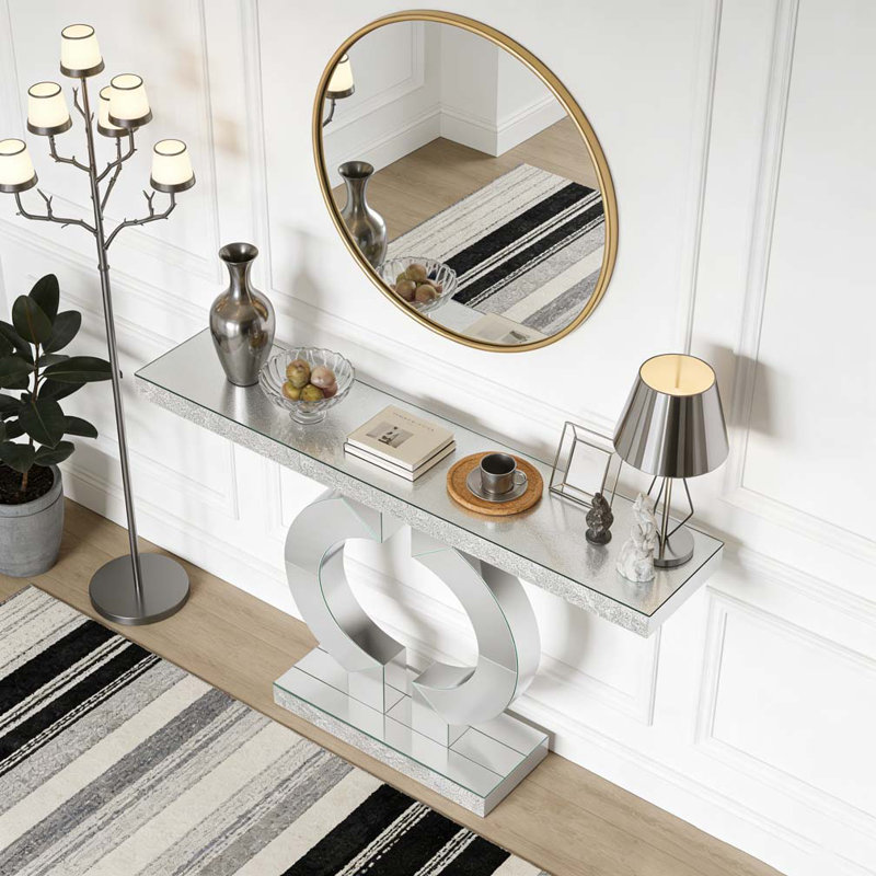 Console à miroir avec base en forme de O et miroir moderne, Argent argent