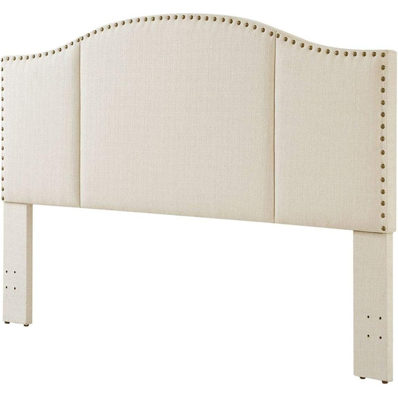 Ivory Mid-Century King/California King Headboard – F Linen Upholstered, Tufted With Antique Brass Nailhead Accents, King