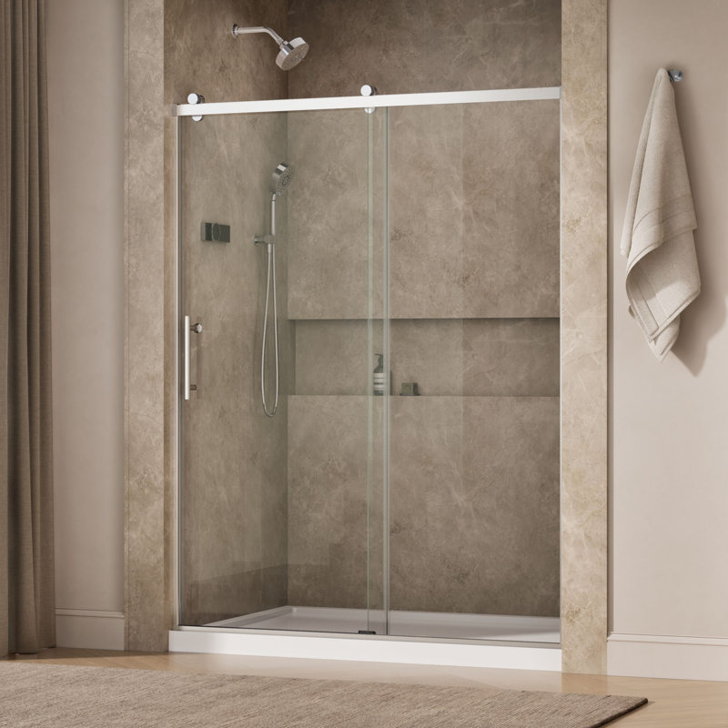 Rely 59.62" W x 76.99" H Single Sliding Frameless Shower Door, Silver