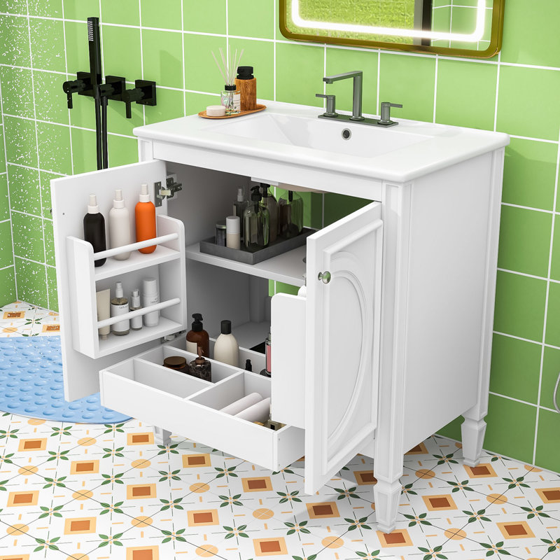 Meuble-lavabo autoportant avec lavabo lisse et tiroir fonctionnel, Blanc