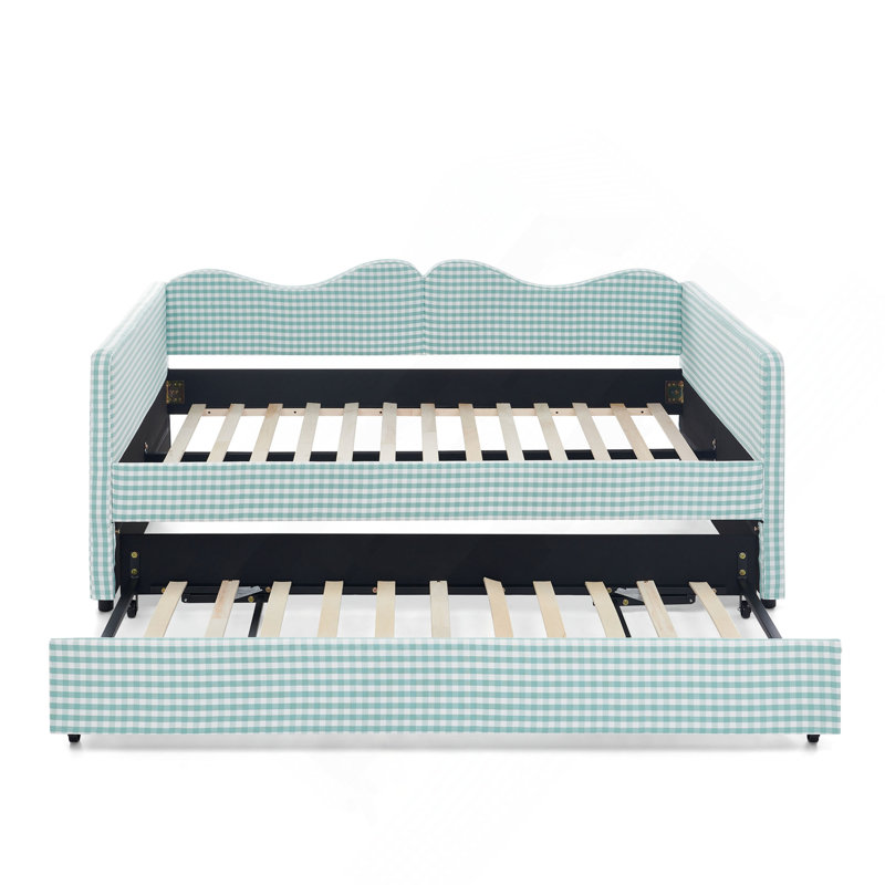 Lit de jour double, lit de jour rembourré en vichy équipé d'un cadre gigogne escamotable et d'une poche de rangement latérale, canapé-lit multifonctionnel en bois massif pour chambre d'enfant et chambre d'amis