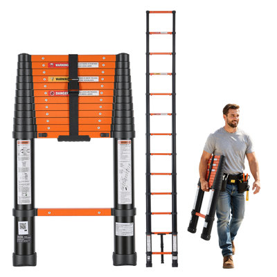 Échelle télescopique, échelle extensible de 3,8 m (12,5 pi), rétraction par simple pression d'un bouton, robuste, capacité de charge de 150 kg (330 lb), idéale pour les réparations domiciliaires, la peinture, le nettoyage de vitres et les véhicules récréatifs, en aluminium, marches antidérapantes, orange et noir.