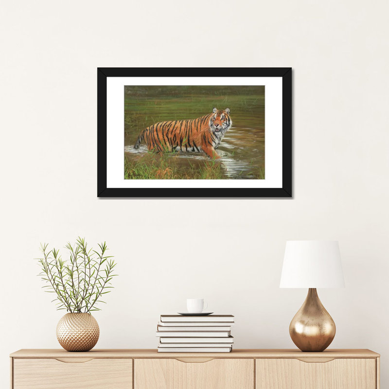 « amur tiger rerefroidissant off », impression sur toile, H 16 po x l 24 po x P 1 po, Papier d'art encadré noir, Blanc