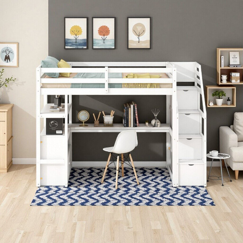 Lit mezzanine simple avec bureau intégré, tablettes, 2 tiroirs de rangement et escalier, blanc - conception en bois de pin peu encombrant