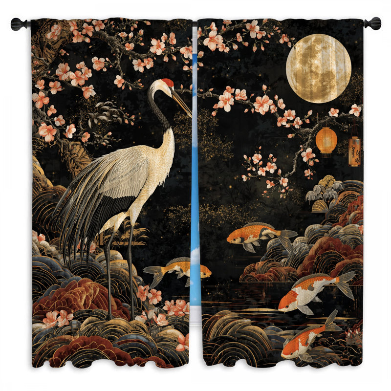Rideaux Crane Koi Moon Cherry Blossoms, 40 po x 52 po - 2 panneaux, Obscurcissement de chambre