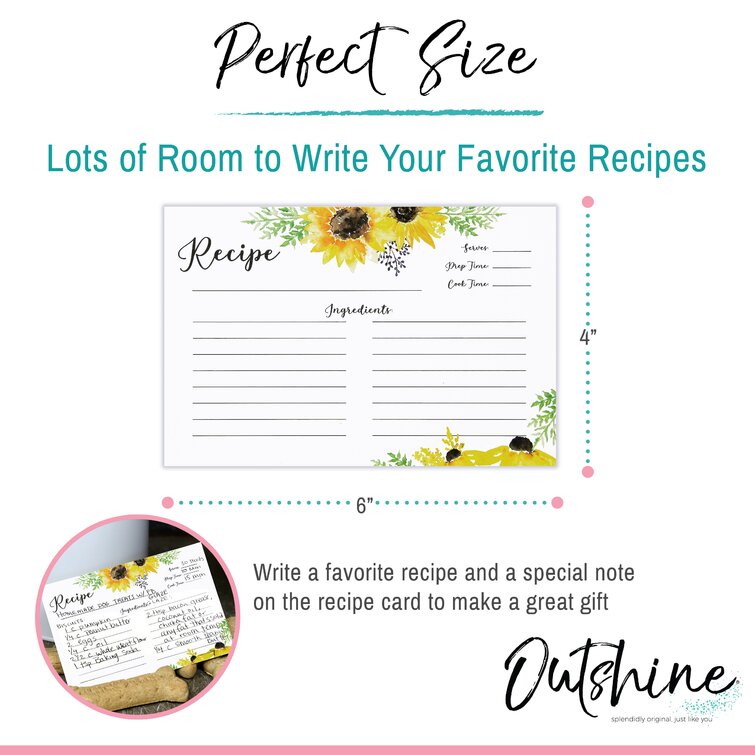Outshine Co Outshine Premium Recipe Cards 4X6 Inches, Sunflower Design (Set  Of 50), No-Smear Double Sided Thick Cardstock, Bulk Blank Recipe Cards  For Recipe Box 4X6