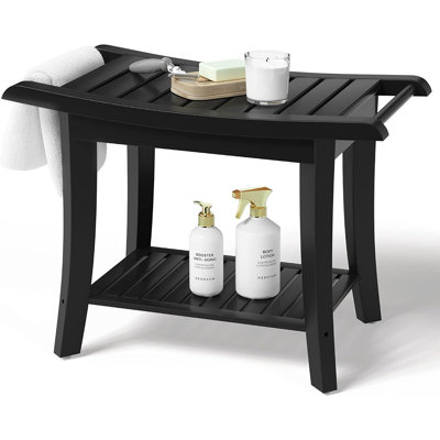 Bamboo Shower Bench with Storage Shelf and Handles, Waterproof Bath Seat