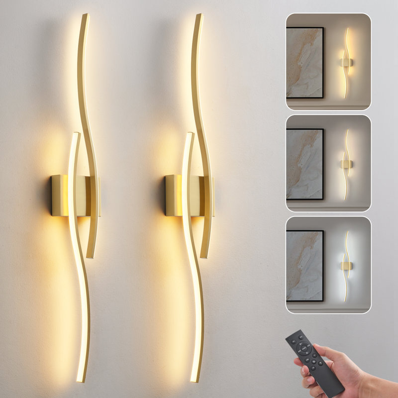 Paquet de 2 appliques murales à piles avec télécommande, non câblées, facile à installer, Laiton brossé, 39,3 pouces