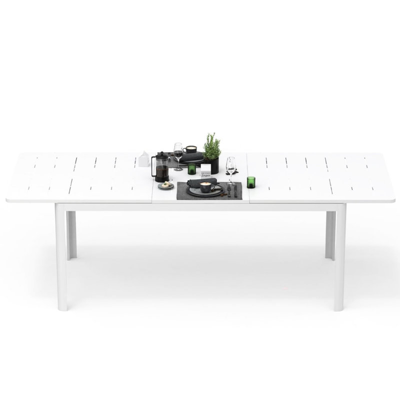 Table de salle à manger extensible blanche pour 6 à 8 personnes, en aluminium métallique rectangulaire, facile à assembler et à nettoyer