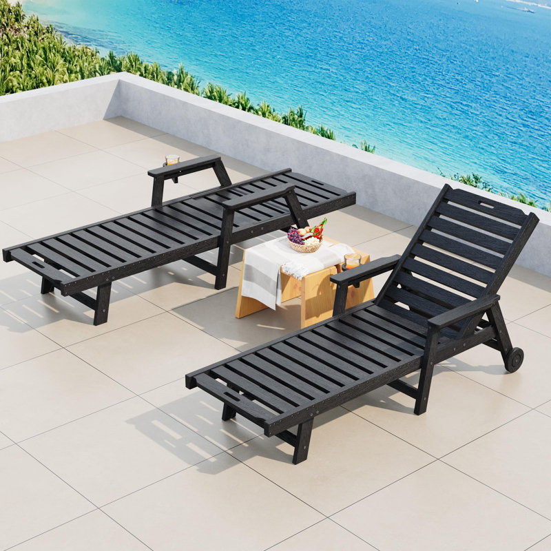 Chaise longue d'extérieur 2 pièces avec dossier réglable à 5 positions et accoudoirs, porte-gobelet amovible et roulettes amovibles