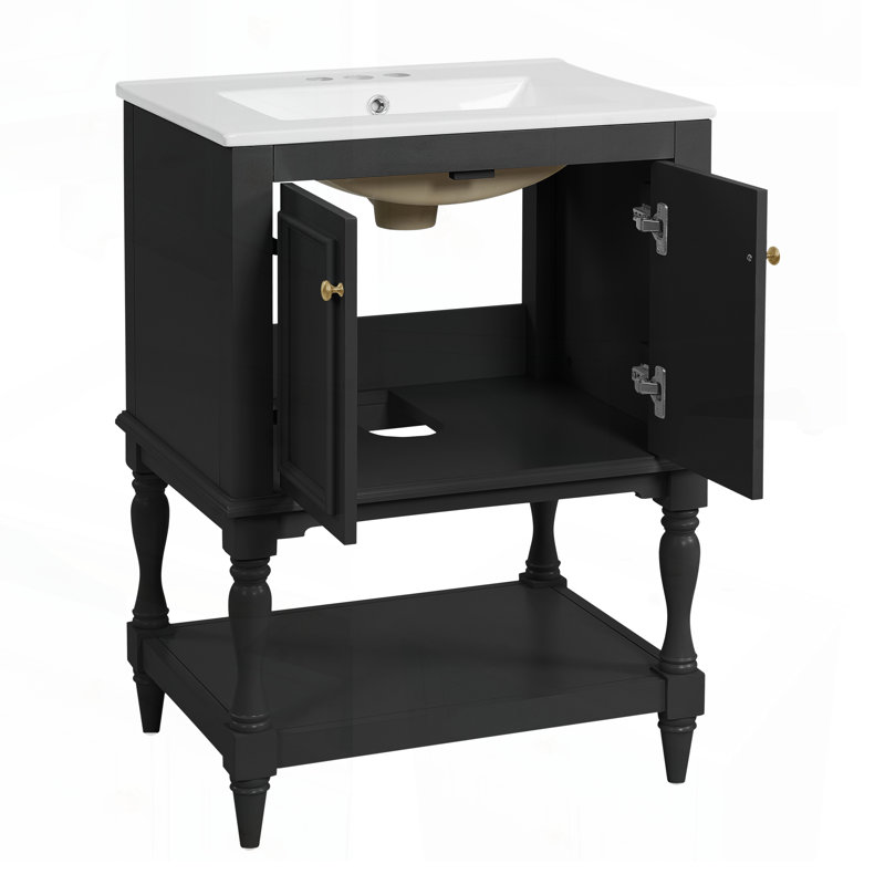 Meuble-lavabo de luxe moderne de 24 po avec lavabo en céramique, tablette ouverte et rangement fermé pour un design élégant
