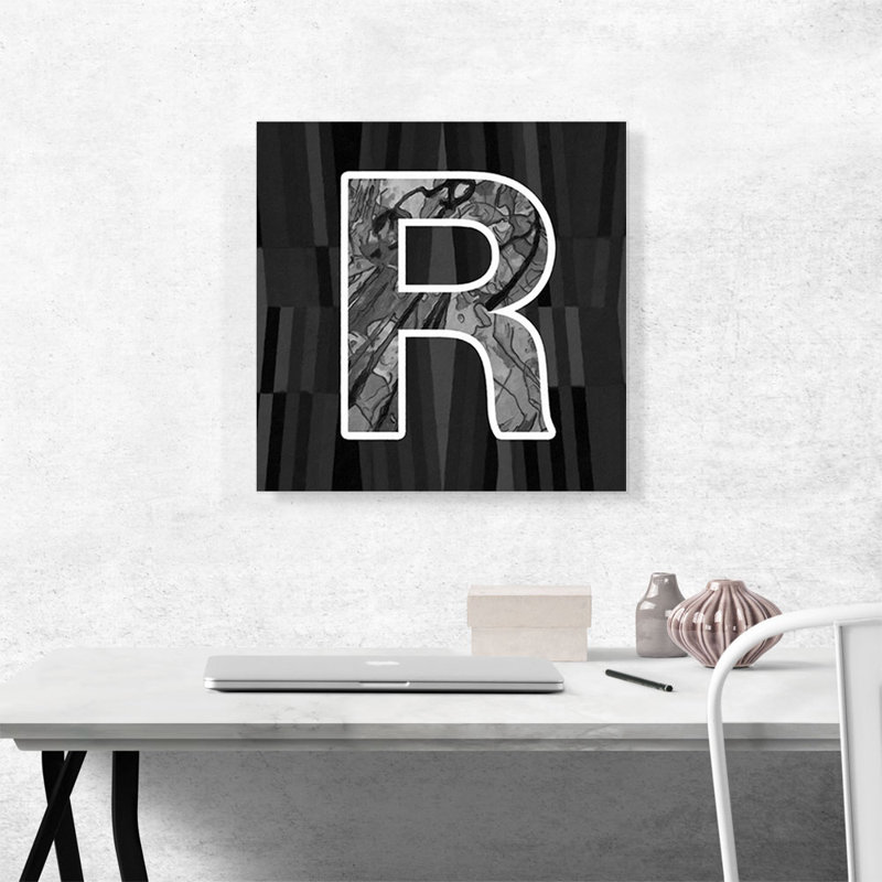 «Modern Modern Black White Alphabet lettre R», reproduction d'art textuel sur toile tendue, H 18 po x l 18 po x P 0,75 po