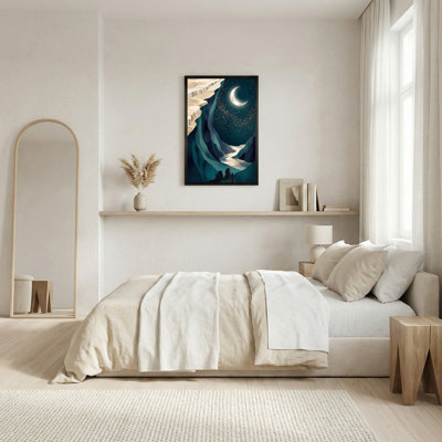 Art mural sur toile Teal Canyon River Under Crescent Moon And Gold Stars