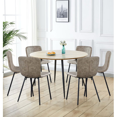 Cullompton Large Round Dining Table With Light Oak Effect Top (120Cm) With 6 Taupe Leather Effect Chairs