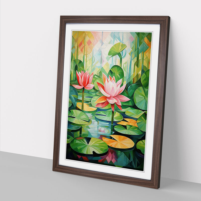 Water Lily Pond Cubism - Single Picture Frame Print on Wood, Walnut Framed, 64cm H x 46cm W