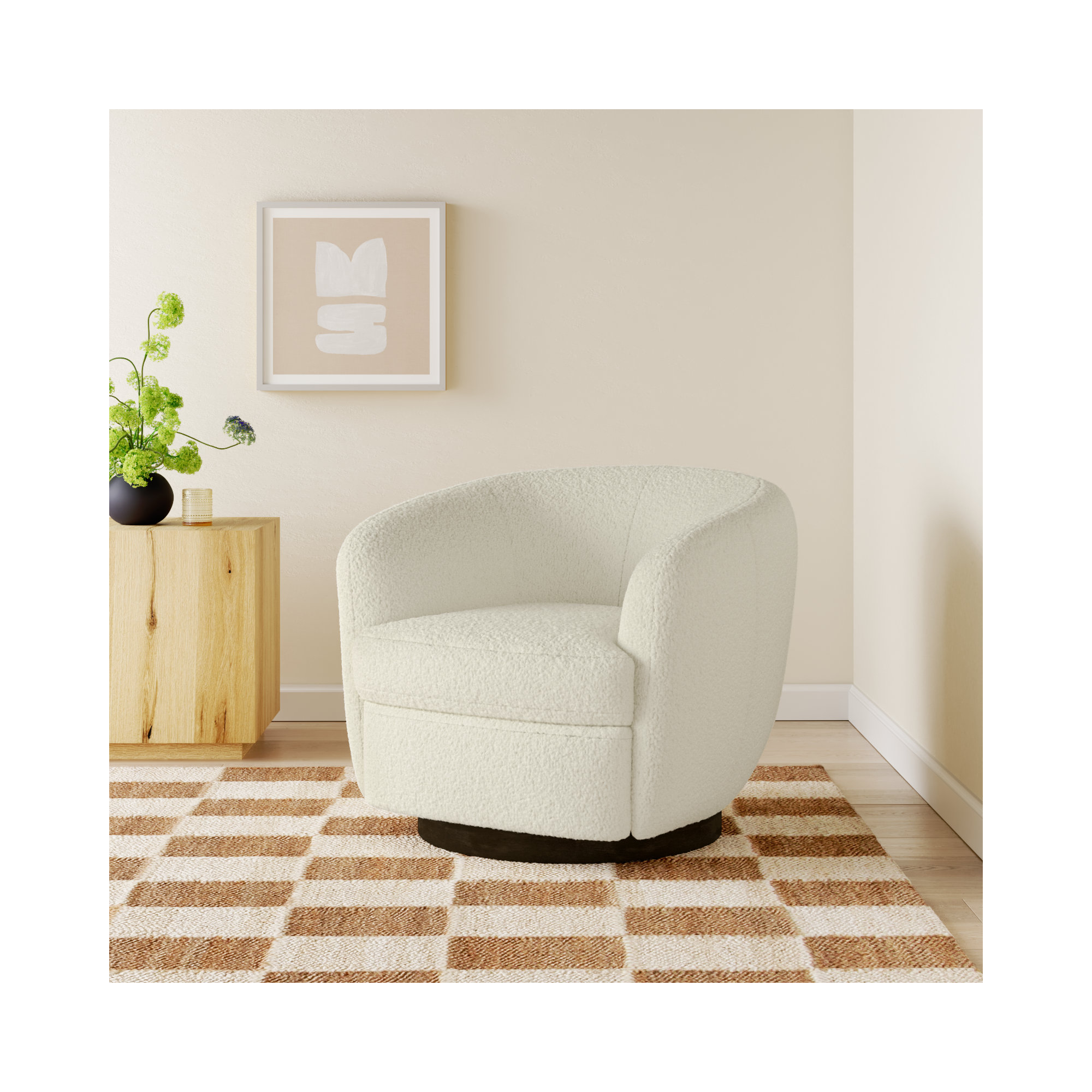 Marcy Upholstered Swivel Barrel Chair, Aries Cream Sherpa/Black