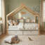 Structure de lit double pour enfants ou chambre d'amis, bois massif blanc classique avec tiroir intégré et rangement pour bibliothèque