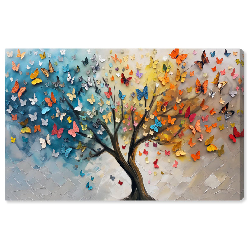 Fluttering on Tree I Canvas Colourful Tree Art by Art Remedy, 30" H x 45" W x 1.5" D, Wrapped Canvas