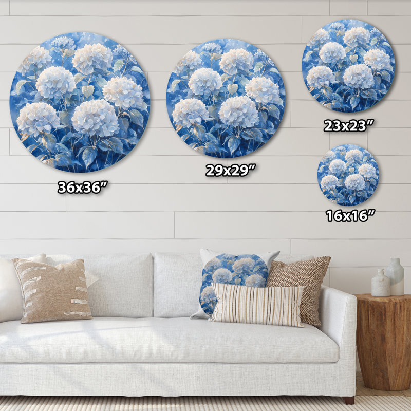 Hortensias dans le jardin d'hiver - art mural traditionnel blanc en métal, hydrangées rondes, H 16 po x l 16 po