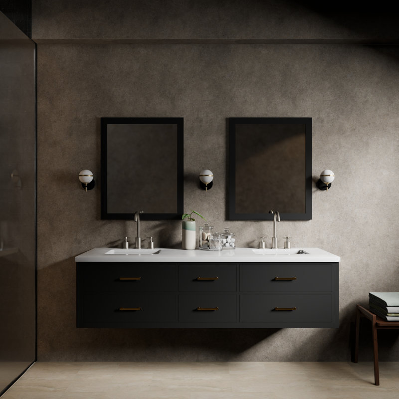 Castor 72" Wall Mounted Double Bathroom Vanity Set, White Quartz, Black