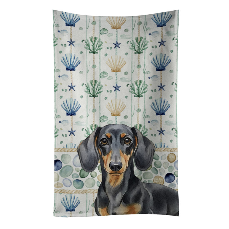 Black and Tan Dachshund Coastal Sea Glass Kitchen Towel, Black and Tan Dachshund