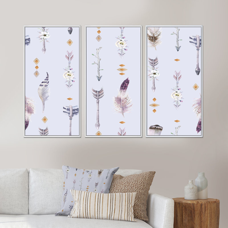 «Boho Tribal Feathers And Flower Arrows II», ensemble de 3 impressions sur toile flottante, H 32 po x l 48 po x P 1 po