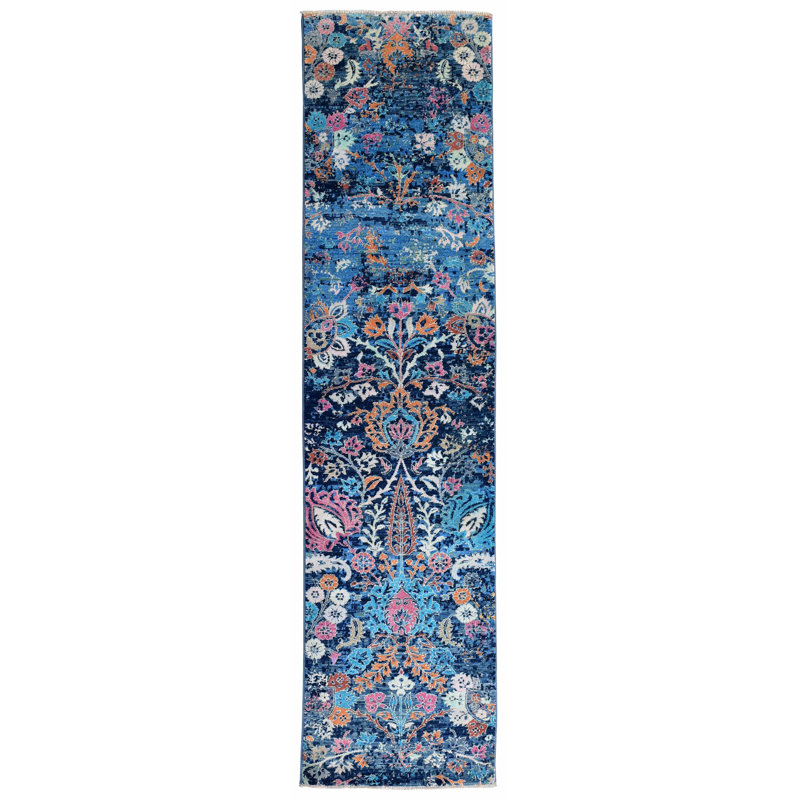 Tapis bleu / bleu marine / mandarine effacé de style nouvel âge 2 pi 8 po x 10 pi Cypress Erased