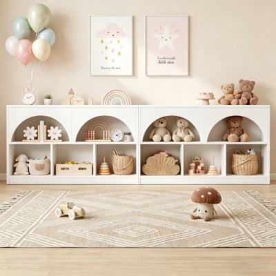   86.6"W Arched Montessori Kids Bookshelf and Toy Storage Organizer, Low Bookcase with Open Shelves and 6 Cubbies