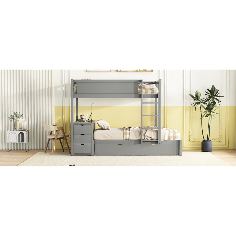 Élégant lit superposé gris avec bureau, rangement et lit gigogne simple