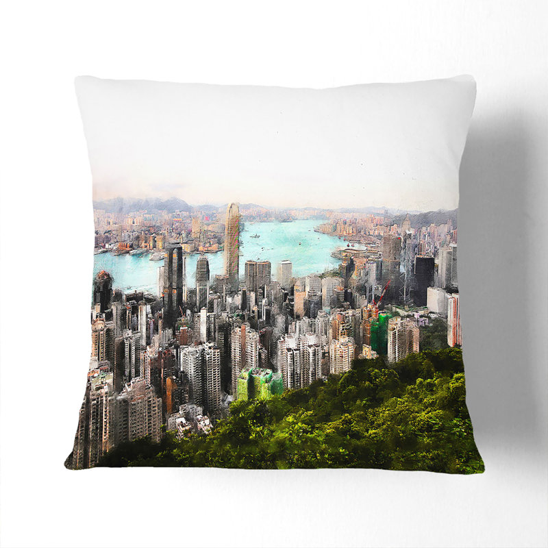 Hong Kong Skyline Painting Cushion with Filling, 55cm H x 55cm W x 20cm D