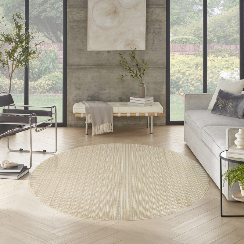 Tulum Striped Indoor/Outdoor Area Rug, Round 8', Ivory/Cream