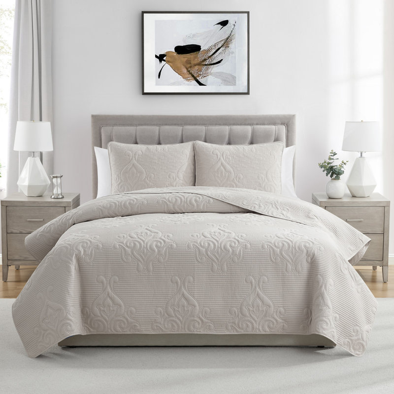Ensemble de courtepointe en microfibre damassé pinsonic 3 pièces VCNY Home Solomun, Taupe